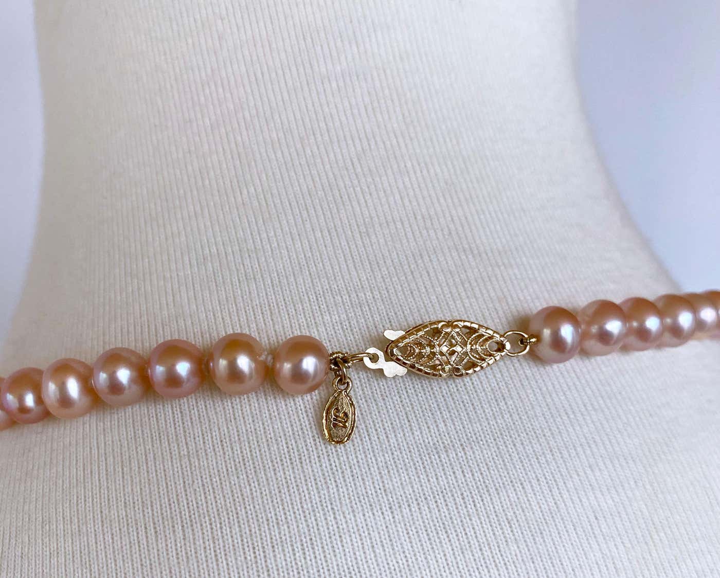 Pink Pearl Necklace with 14k Yellow Gold Filigree Clasp