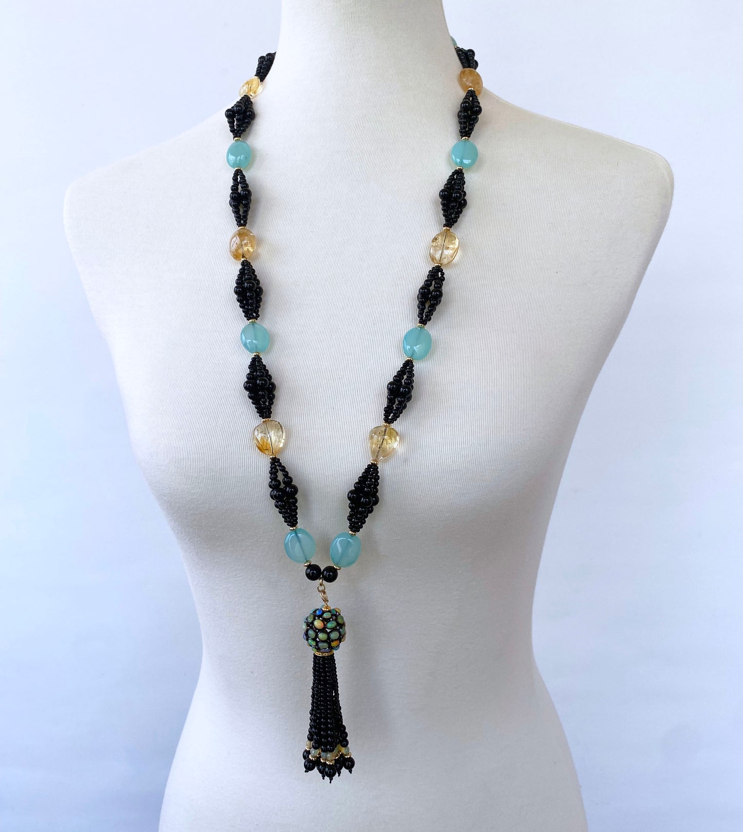 Black Onyx, Chalcedony, Citrine & Gold Cluster Infinity Necklace with Tassel