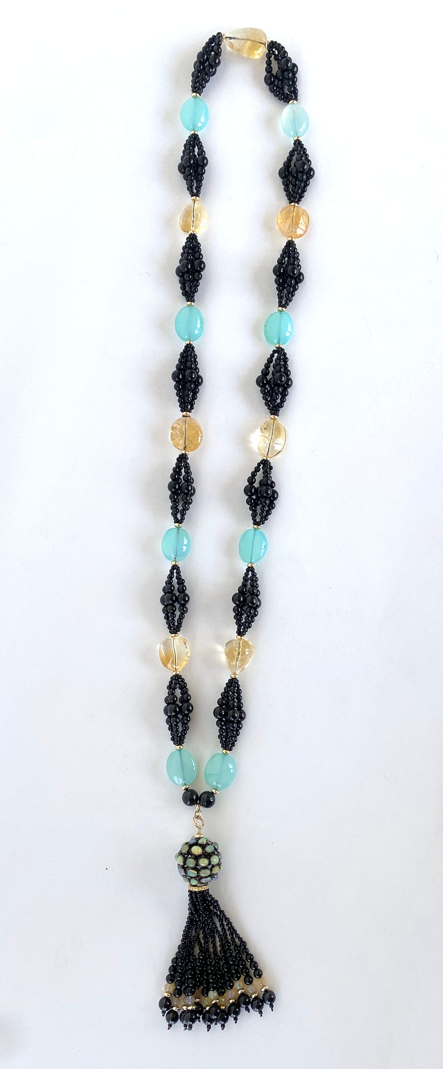 Black Onyx, Chalcedony, Citrine & Gold Cluster Infinity Necklace with Tassel