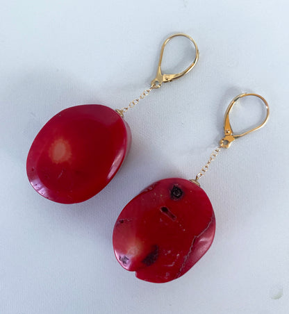 Coral Drop Earrings with Solid 14k Yellow Gold Lever-Back Hooks