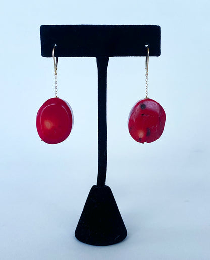 Coral Drop Earrings with Solid 14k Yellow Gold Lever-Back Hooks