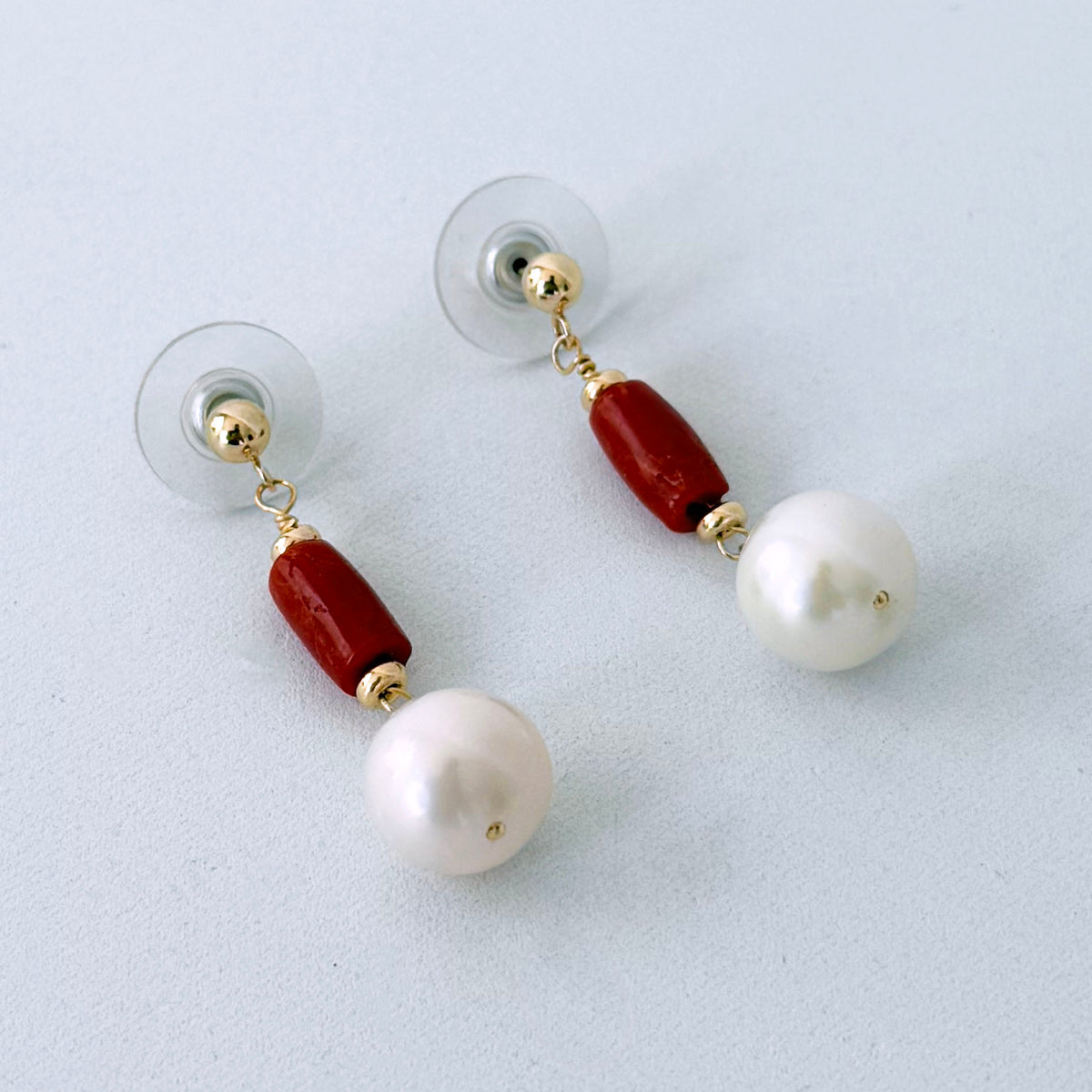 Coral, Pearl & 14k Studded Earrings