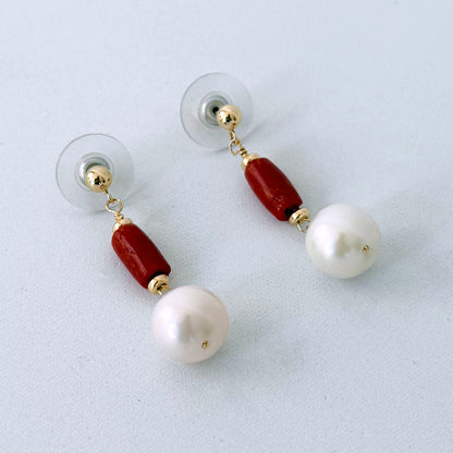 Coral, Pearl & 14k Studded Earrings