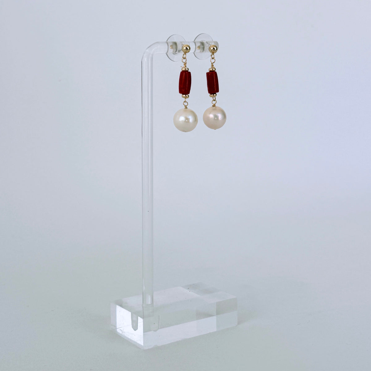 Coral, Pearl & 14k Studded Earrings