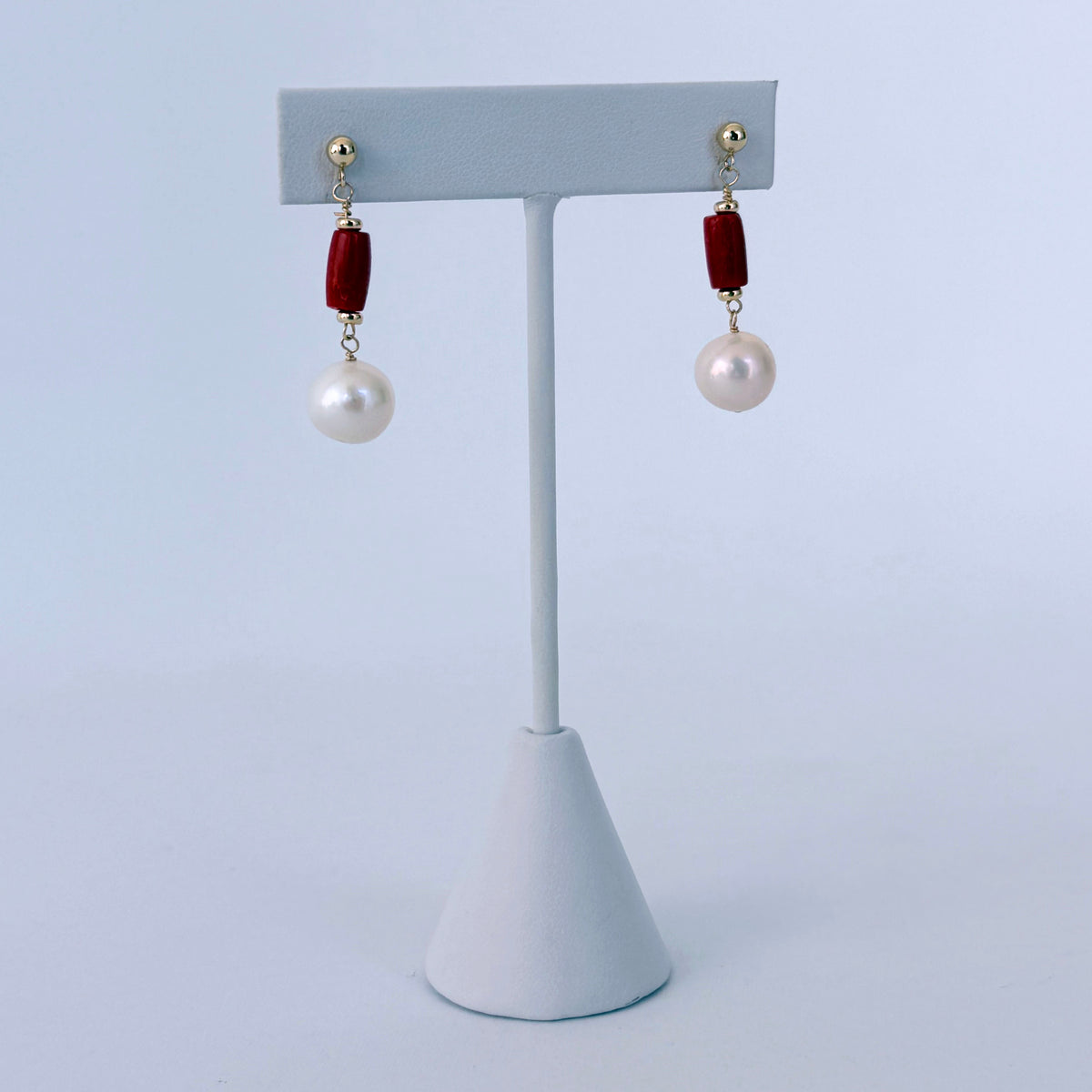Coral, Pearl & 14k Studded Earrings