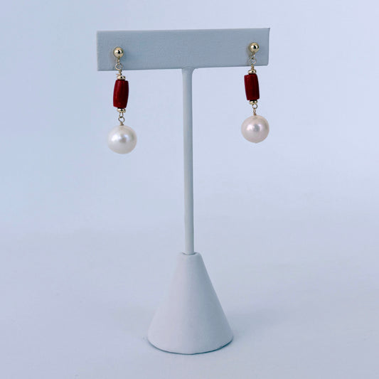 Coral, Pearl & 14k Studded Earrings