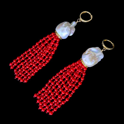 Baroque Pearl, Coral & Solid 14k Yellow Gold Tassel Earrings
