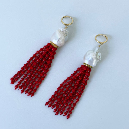 Baroque Pearl, Coral & Solid 14k Yellow Gold Tassel Earrings