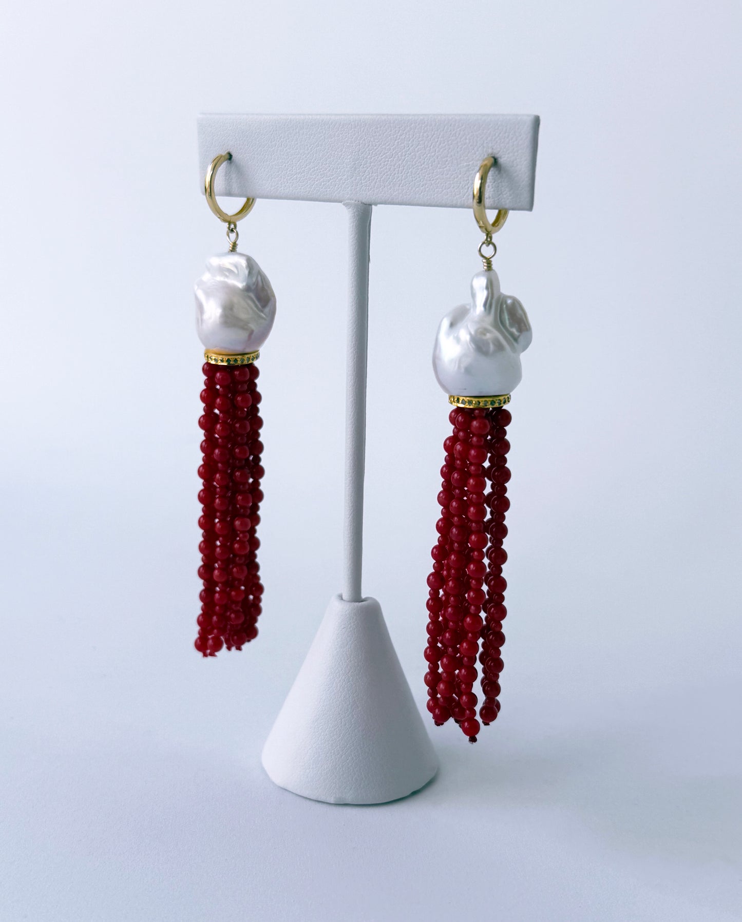 Baroque Pearl, Coral & Solid 14k Yellow Gold Tassel Earrings