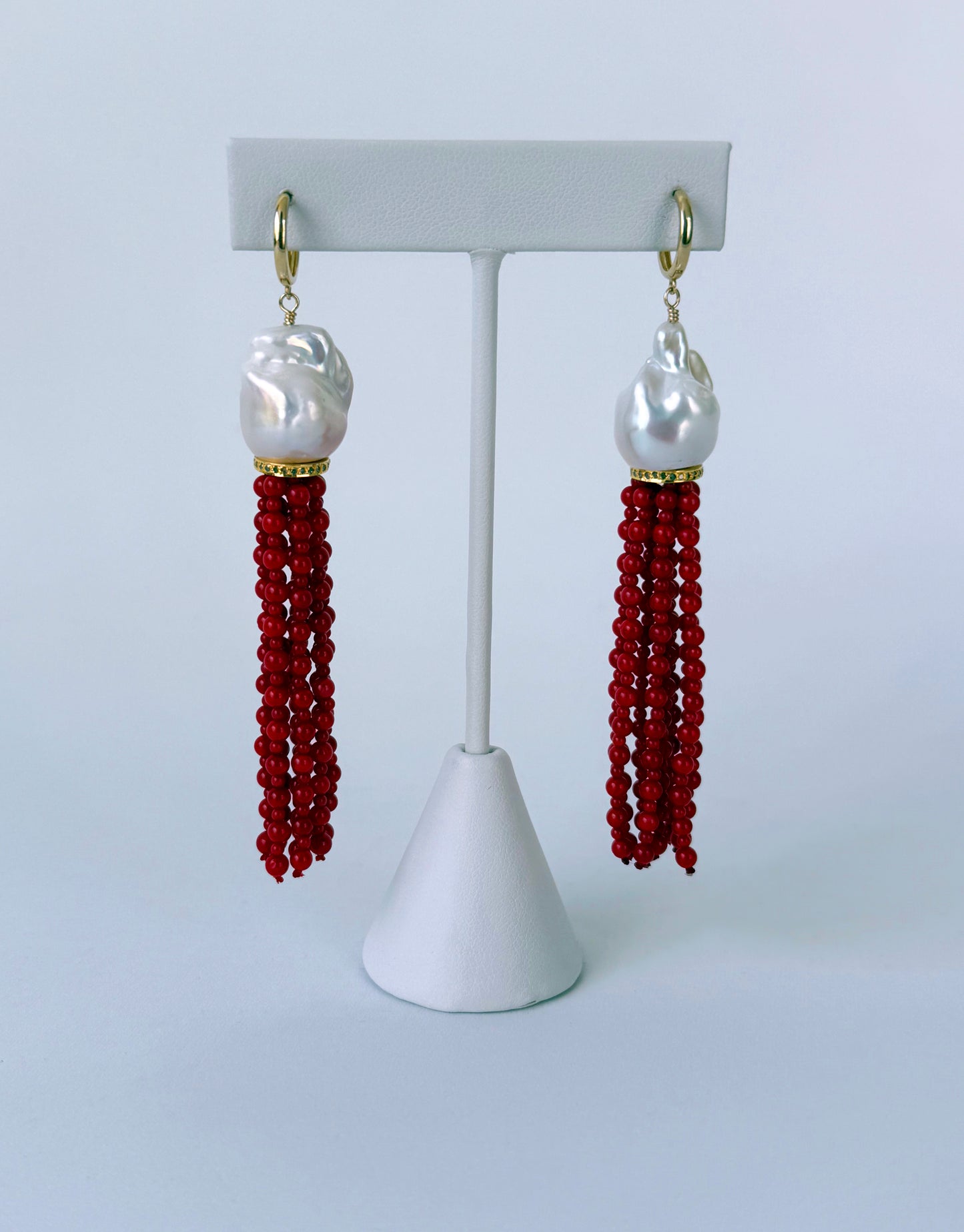 Baroque Pearl, Coral & Solid 14k Yellow Gold Tassel Earrings