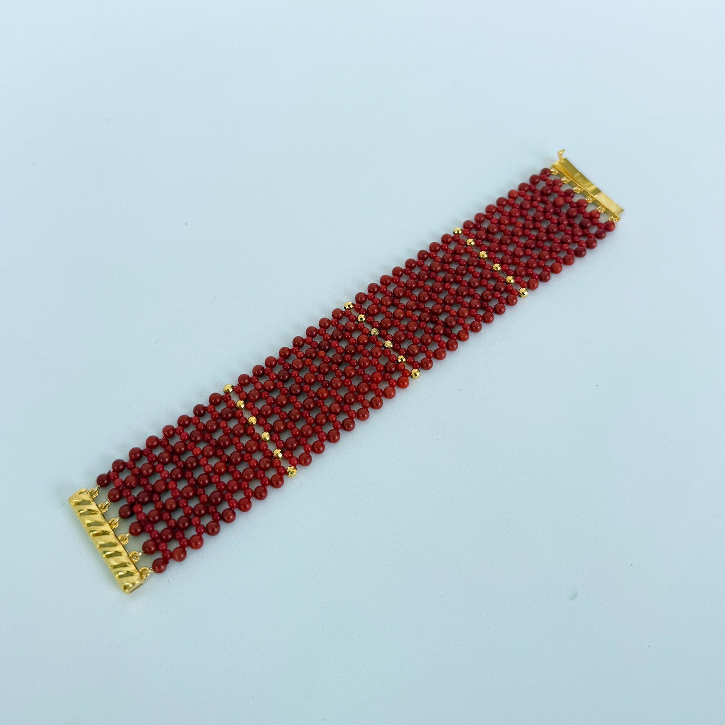 Coral & Faceted Gold Woven Bracelet