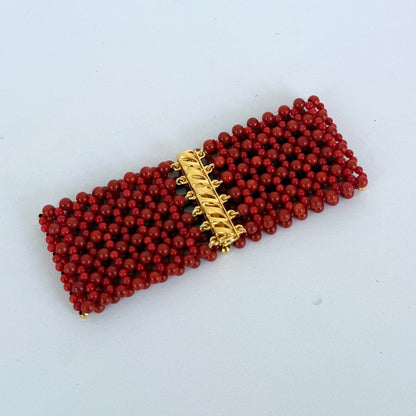 Coral & Faceted Gold Woven Bracelet