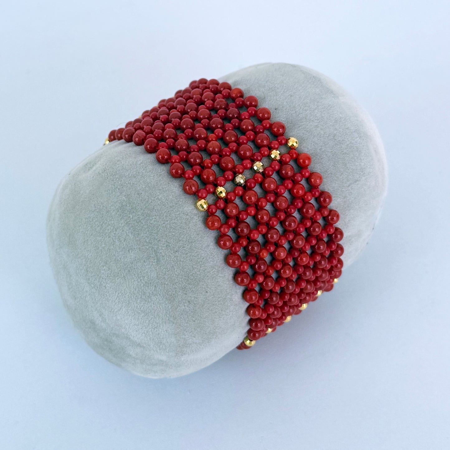 Coral & Faceted Gold Woven Bracelet