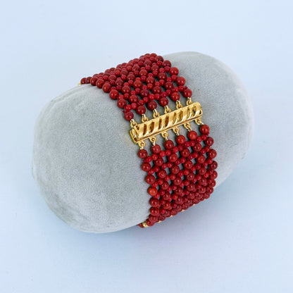 Coral & Faceted Gold Woven Bracelet