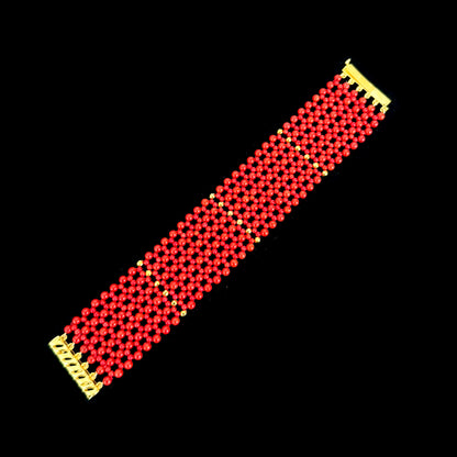 Coral & Faceted Gold Woven Bracelet
