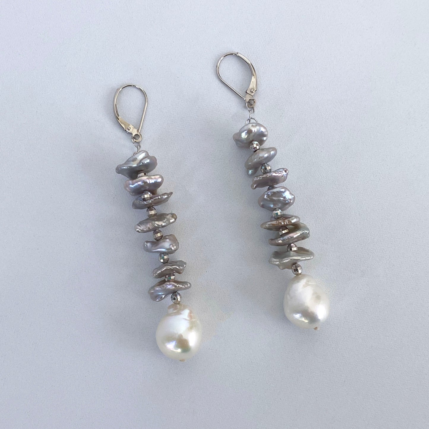 Grey Pearl Dangle Earring with Solid 14k White Gold Lever Back Hooks