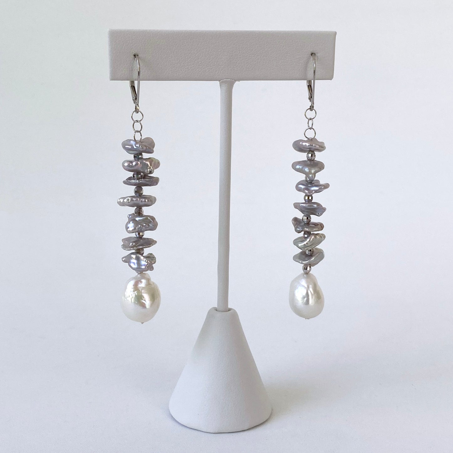 Grey Pearl Dangle Earring with Solid 14k White Gold Lever Back Hooks