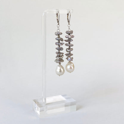 Grey Pearl Dangle Earring with Solid 14k White Gold Lever Back Hooks