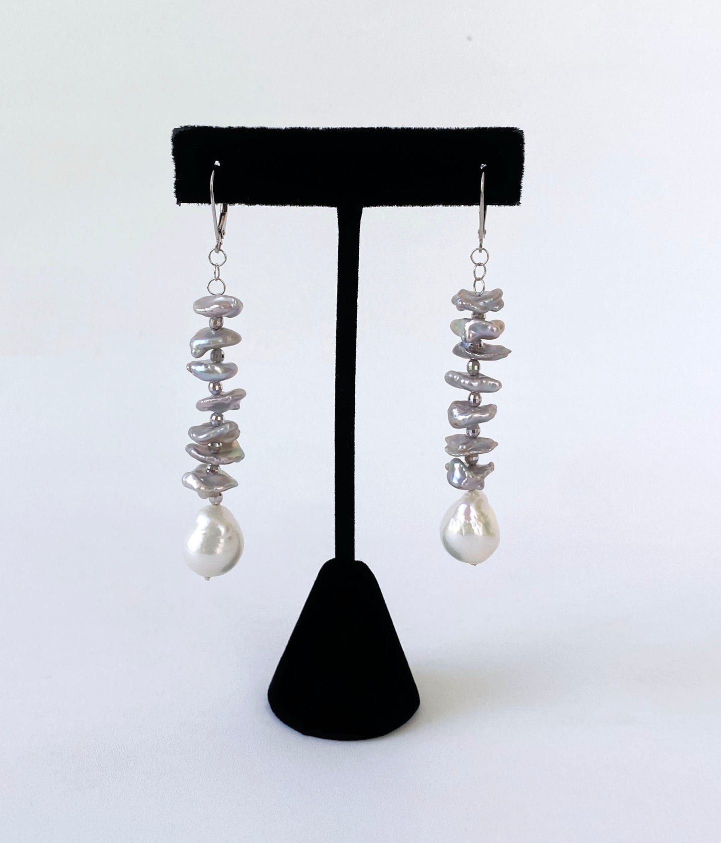 Grey Pearl Dangle Earring with Solid 14k White Gold Lever Back Hooks