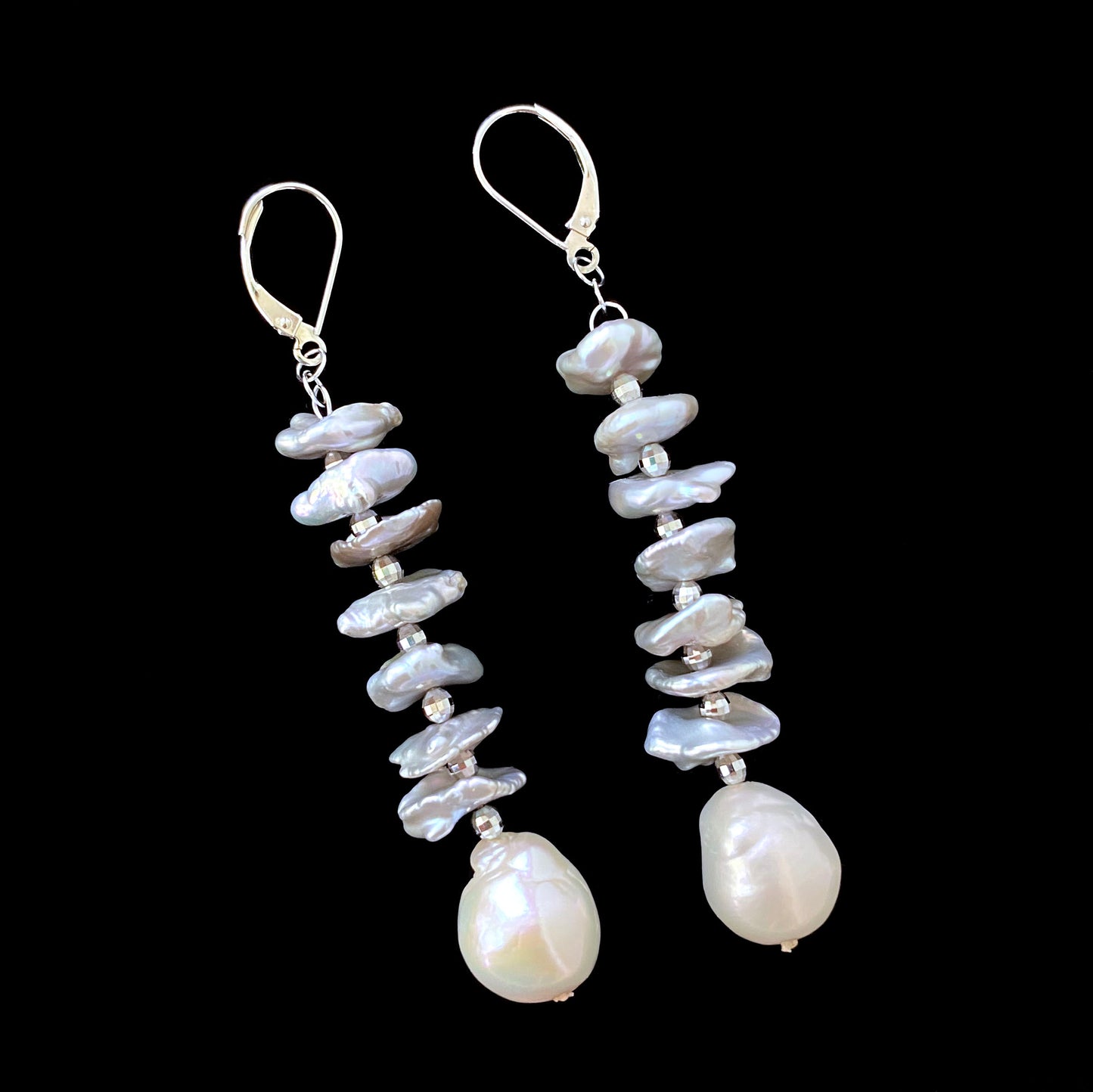 Grey Pearl Dangle Earring with Solid 14k White Gold Lever Back Hooks