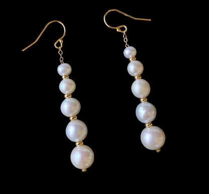 Graduated Pearl Dangle Earrings with Solid 14k Yellow Gold Hooks