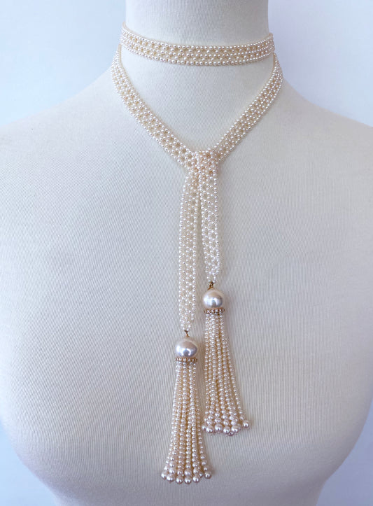 Woven Pearl Sautoir with solid 14k Yellow Gold & Diamonds