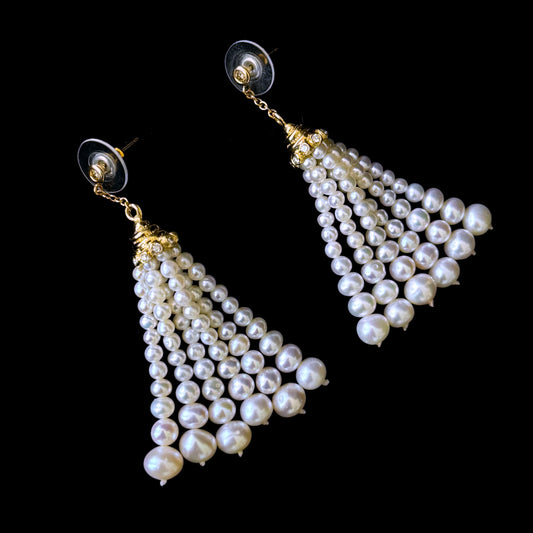 Pearl Tassel Earrings with Diamonds & Solid 14k Yellow Gold