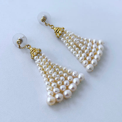 Pearl Tassel Earrings with Diamonds & Solid 14k Yellow Gold