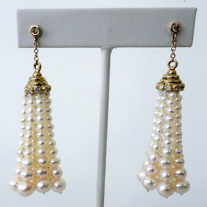 Pearl Tassel Earrings with Diamonds & Solid 14k Yellow Gold