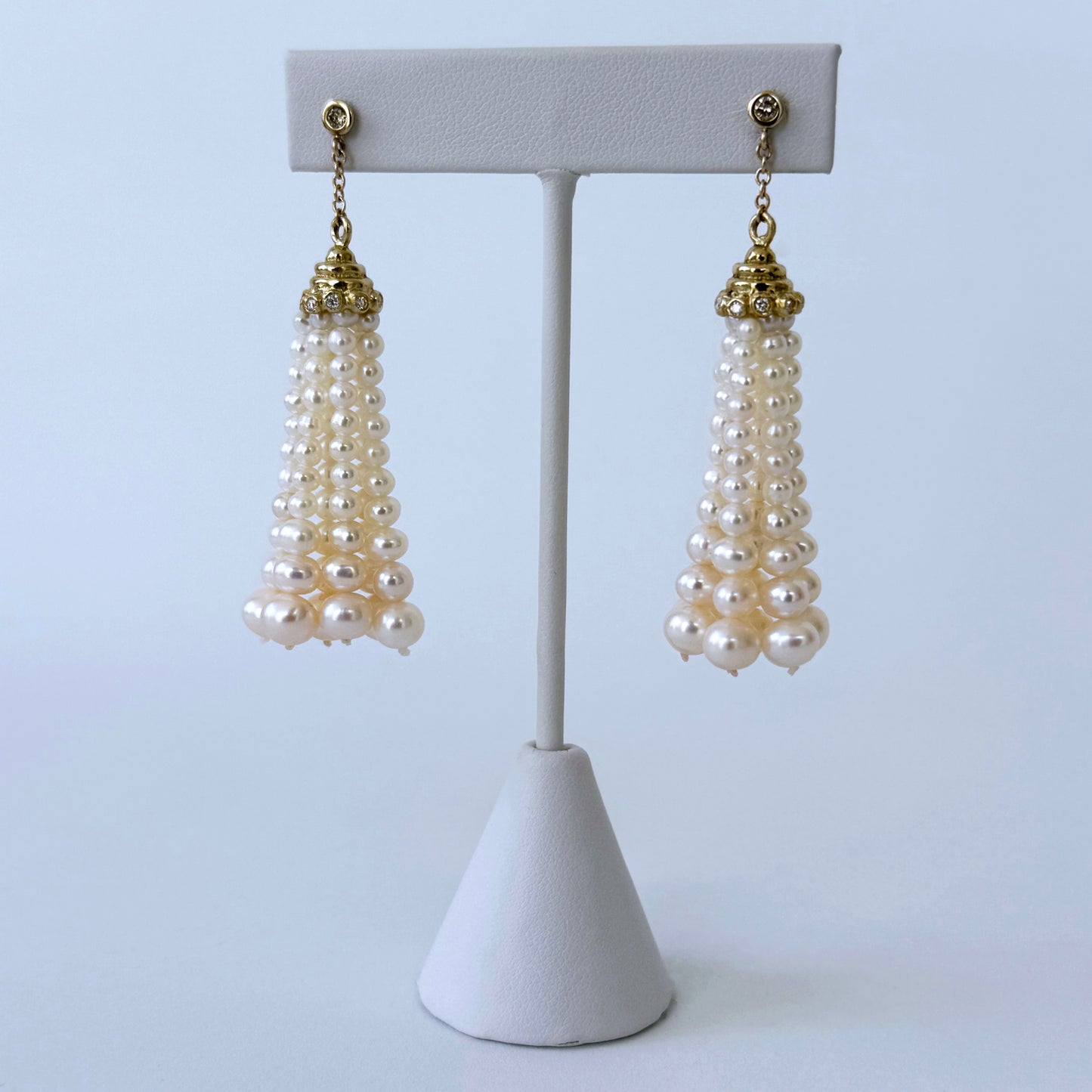 Pearl Tassel Earrings with Diamonds & Solid 14k Yellow Gold
