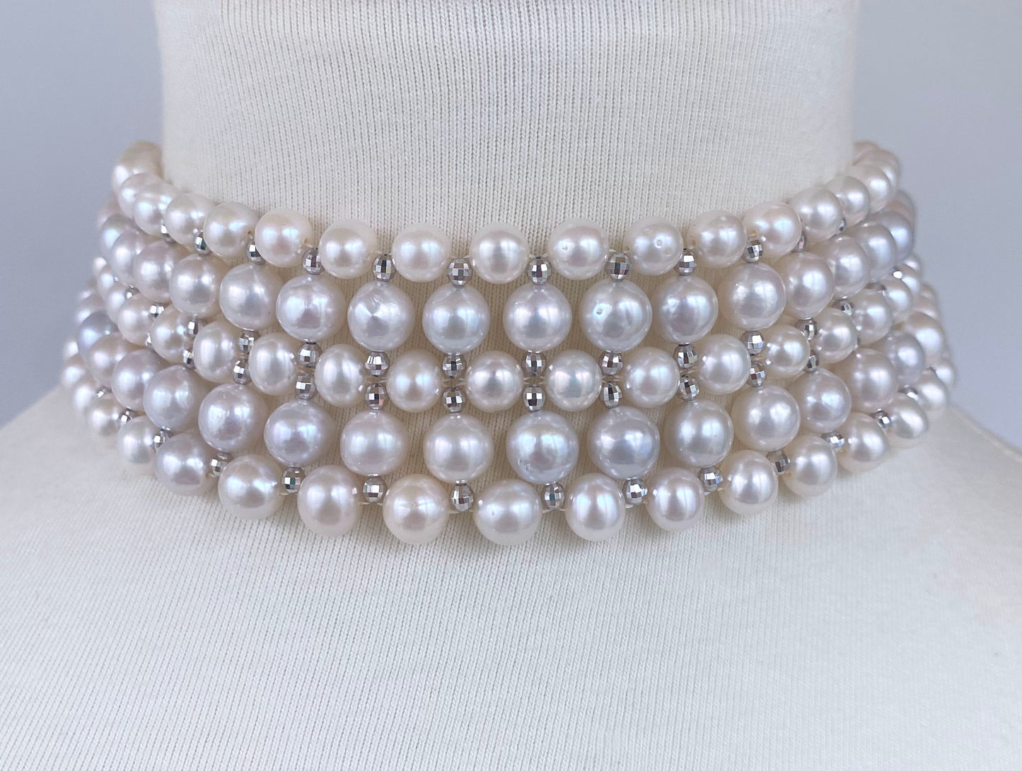 Woven Pearl Choker with Gold Plated Disco Accents & Decorative Clasp
