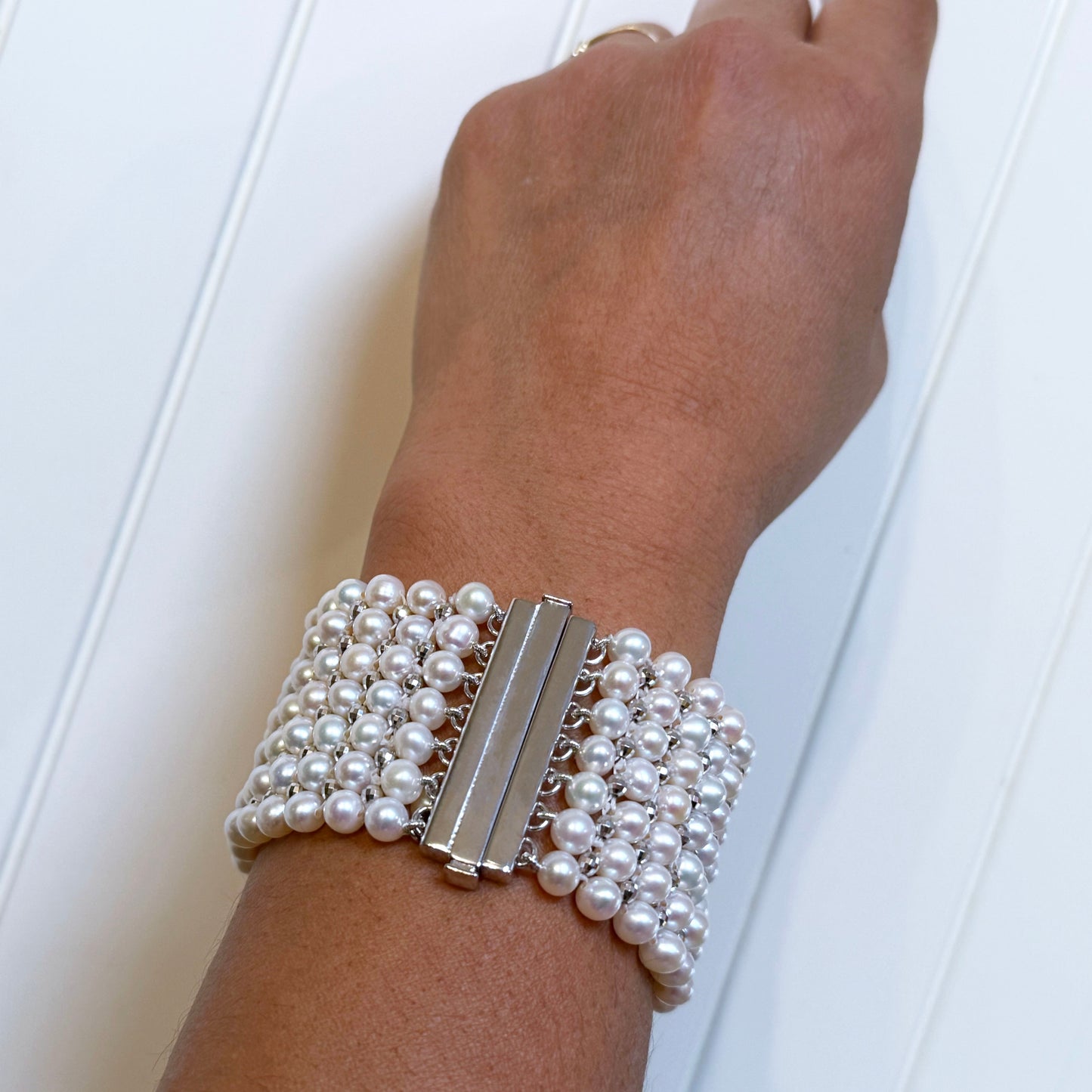 Pearl Woven Bracelet with Faceted Silver Rhodium Plated Beads