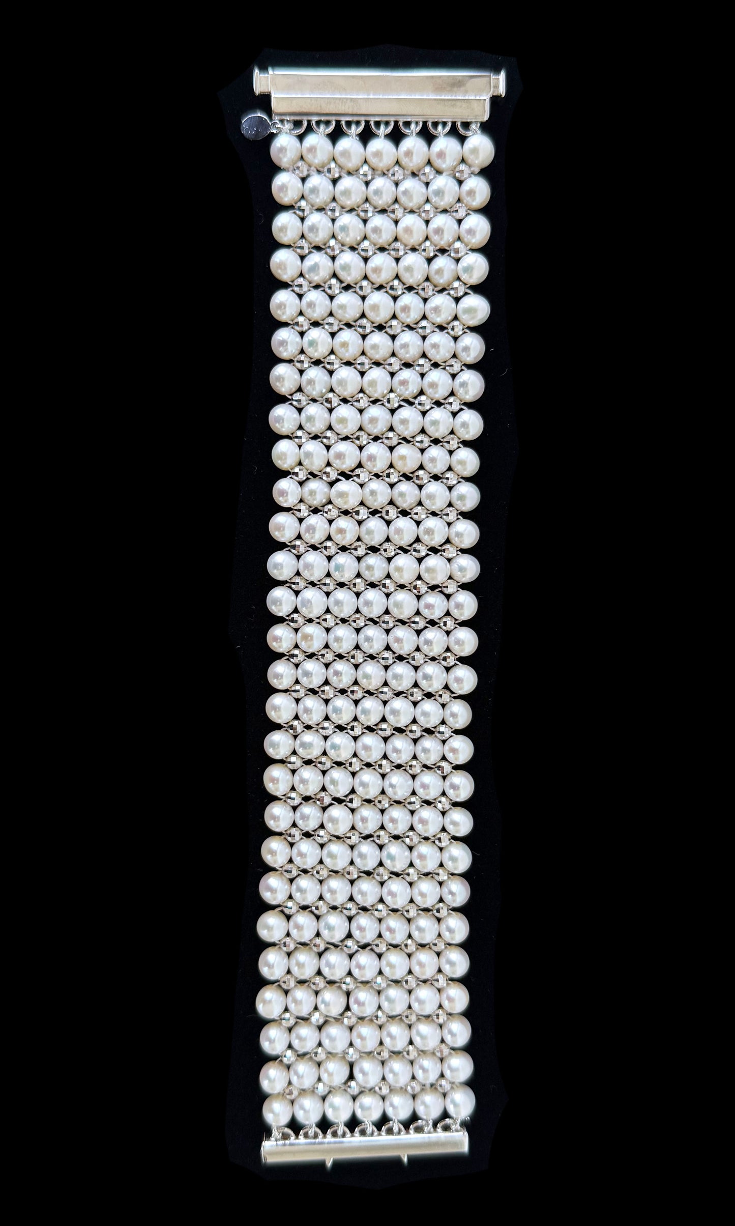 Pearl Woven Bracelet with Faceted Silver Rhodium Plated Beads