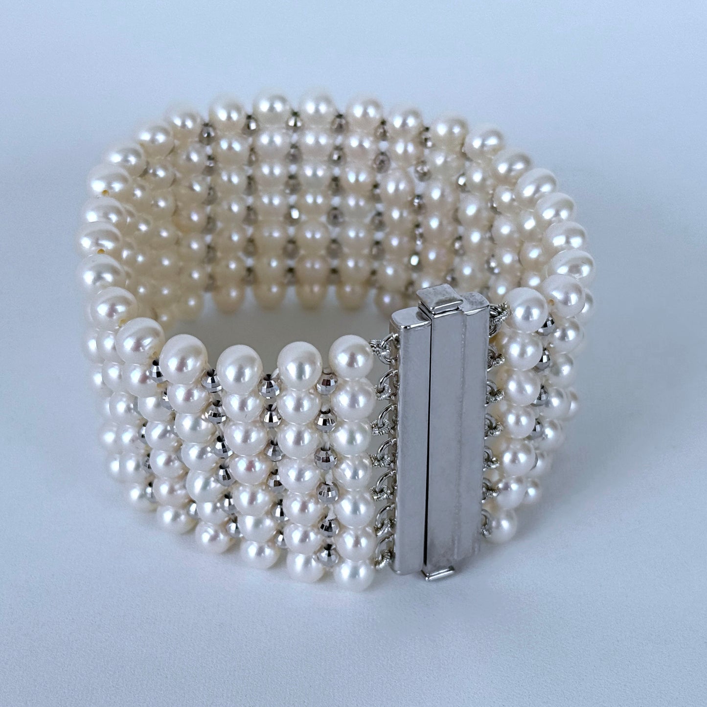 Pearl Woven Bracelet with Faceted Silver Rhodium Plated Beads