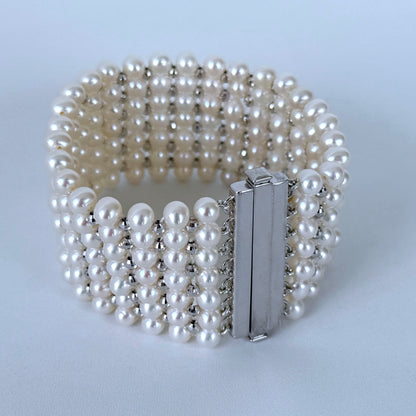 Pearl Woven Bracelet with Faceted Silver Rhodium Plated Beads