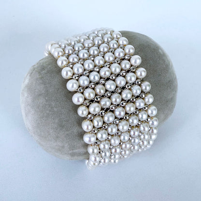 Pearl Woven Bracelet with Faceted Silver Rhodium Plated Beads