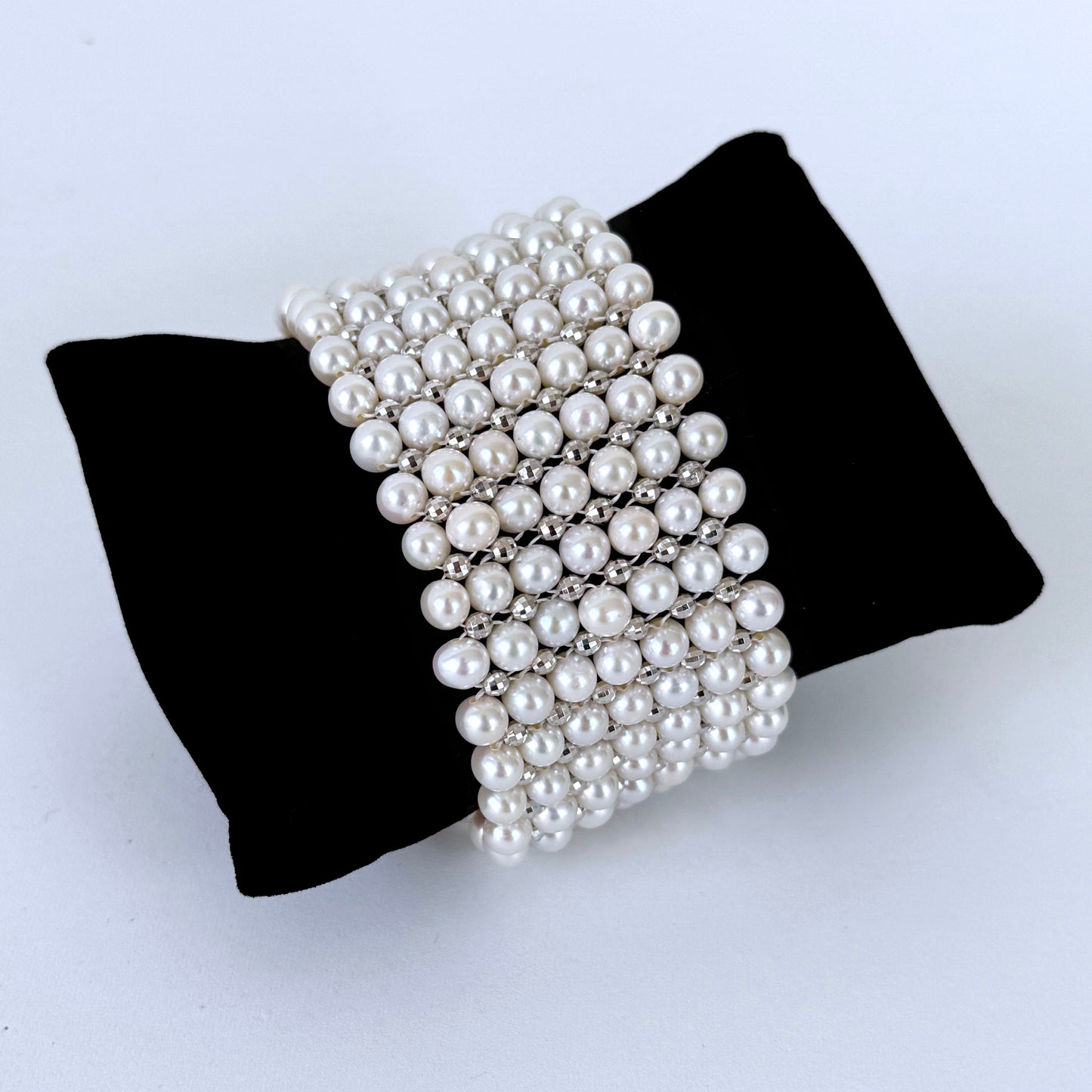 Pearl Woven Bracelet with Faceted Silver Rhodium Plated Beads