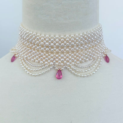 Draped Pearl Woven Bridal Choker with Pink Sapphires