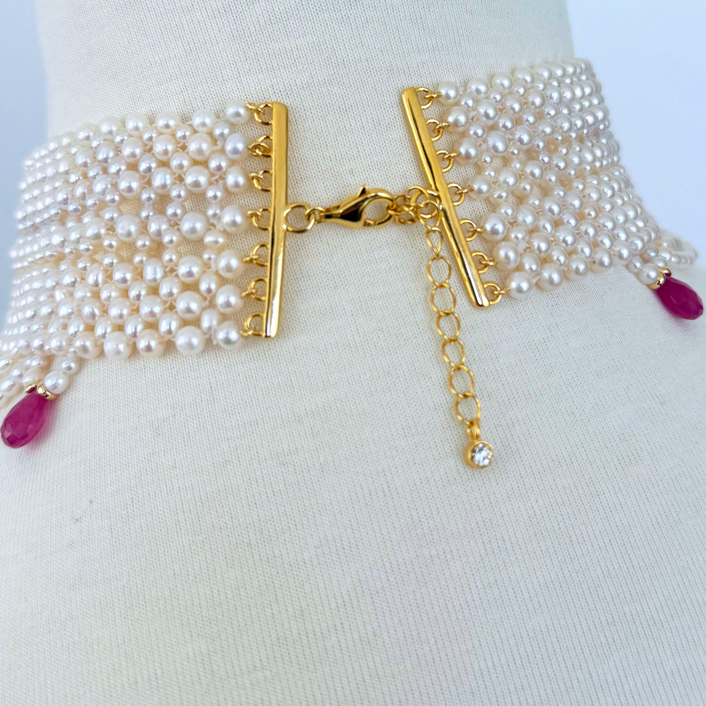 Draped Pearl Woven Bridal Choker with Pink Sapphires