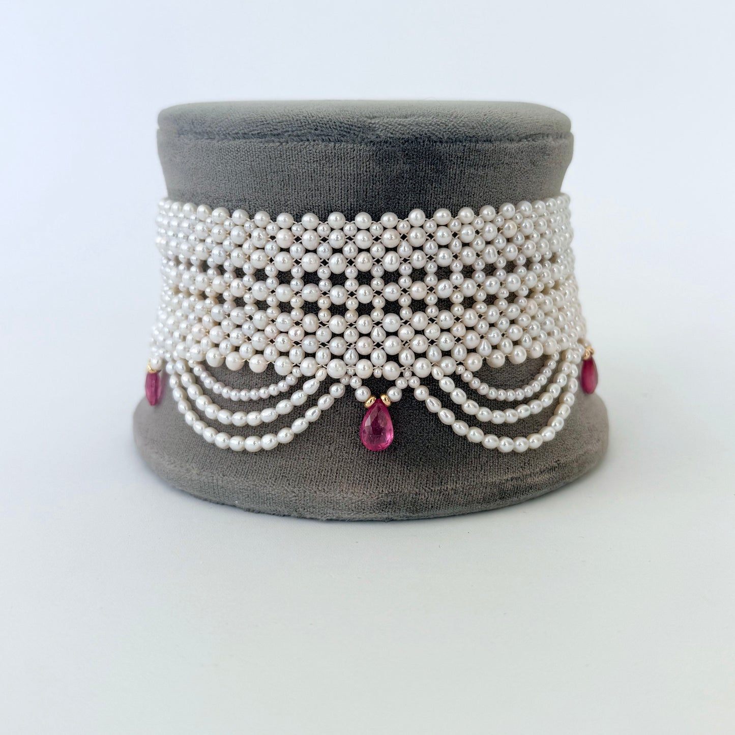 Draped Pearl Woven Bridal Choker with Pink Sapphires