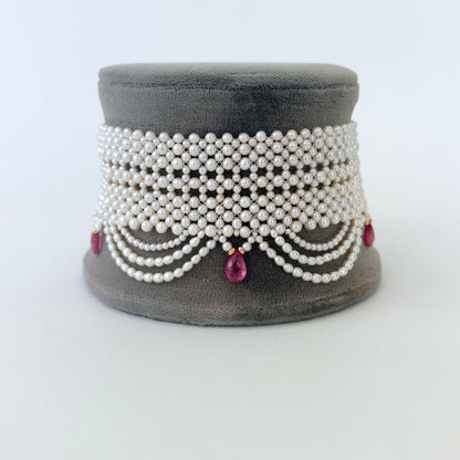 Draped Pearl Woven Bridal Choker with Pink Sapphires