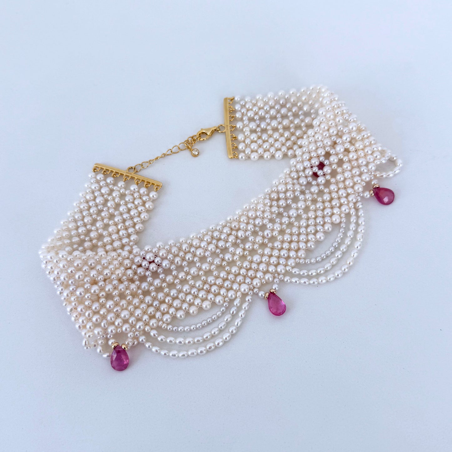 Draped Pearl Woven Bridal Choker with Pink Sapphires
