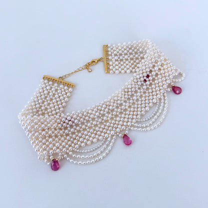 Draped Pearl Woven Bridal Choker with Pink Sapphires