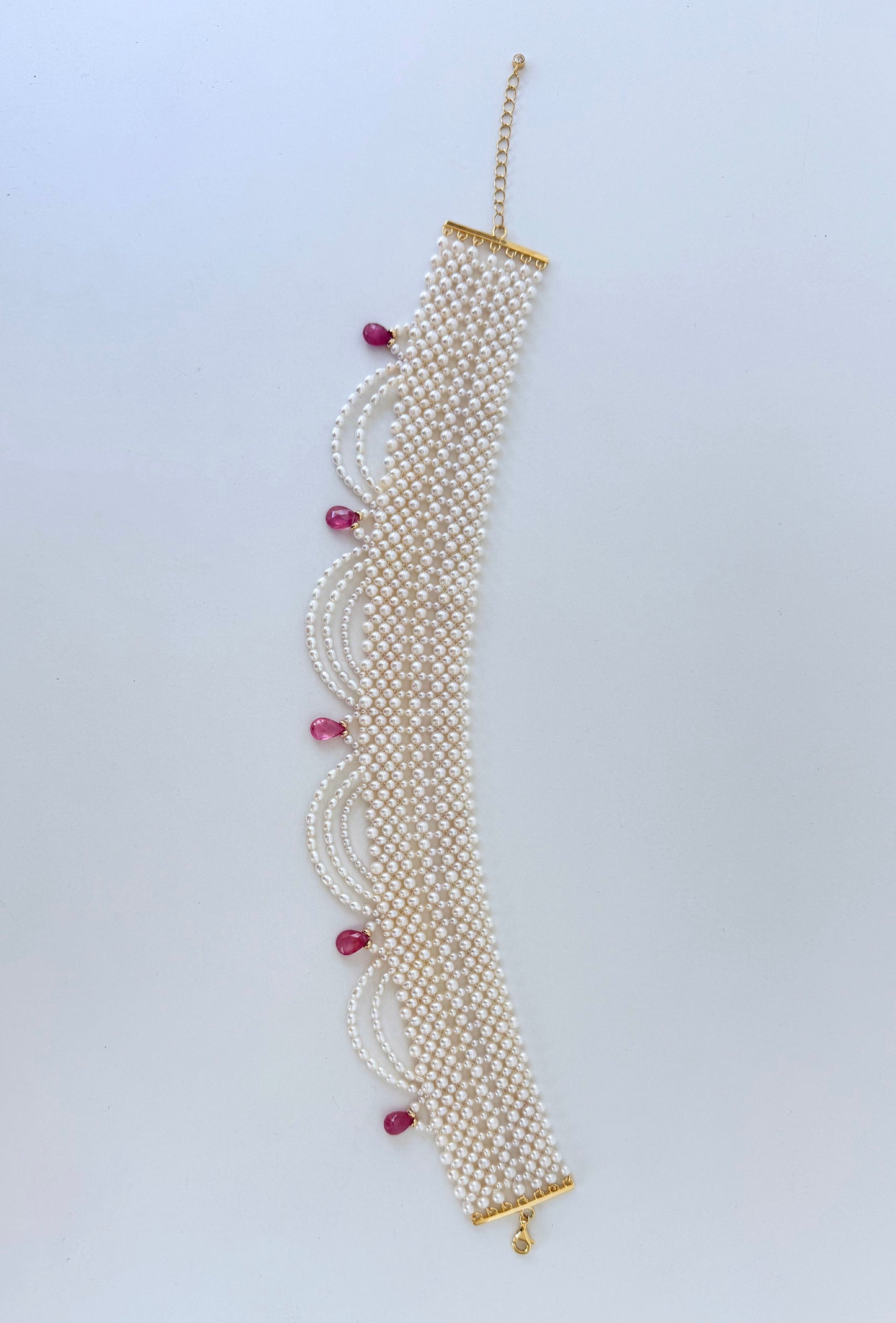 Draped Pearl Woven Bridal Choker with Pink Sapphires