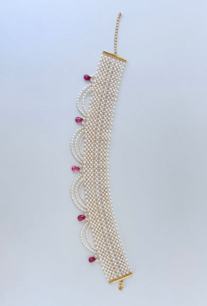 Draped Pearl Woven Bridal Choker with Pink Sapphires