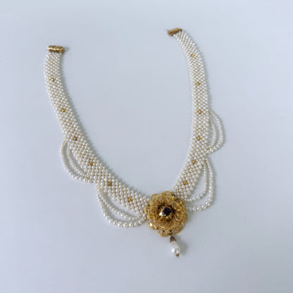 Woven Pearl Necklace With Gold Plated Vintage Garnet Brooch