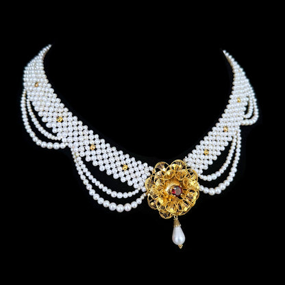 Woven Pearl Necklace With Gold Plated Vintage Garnet Brooch