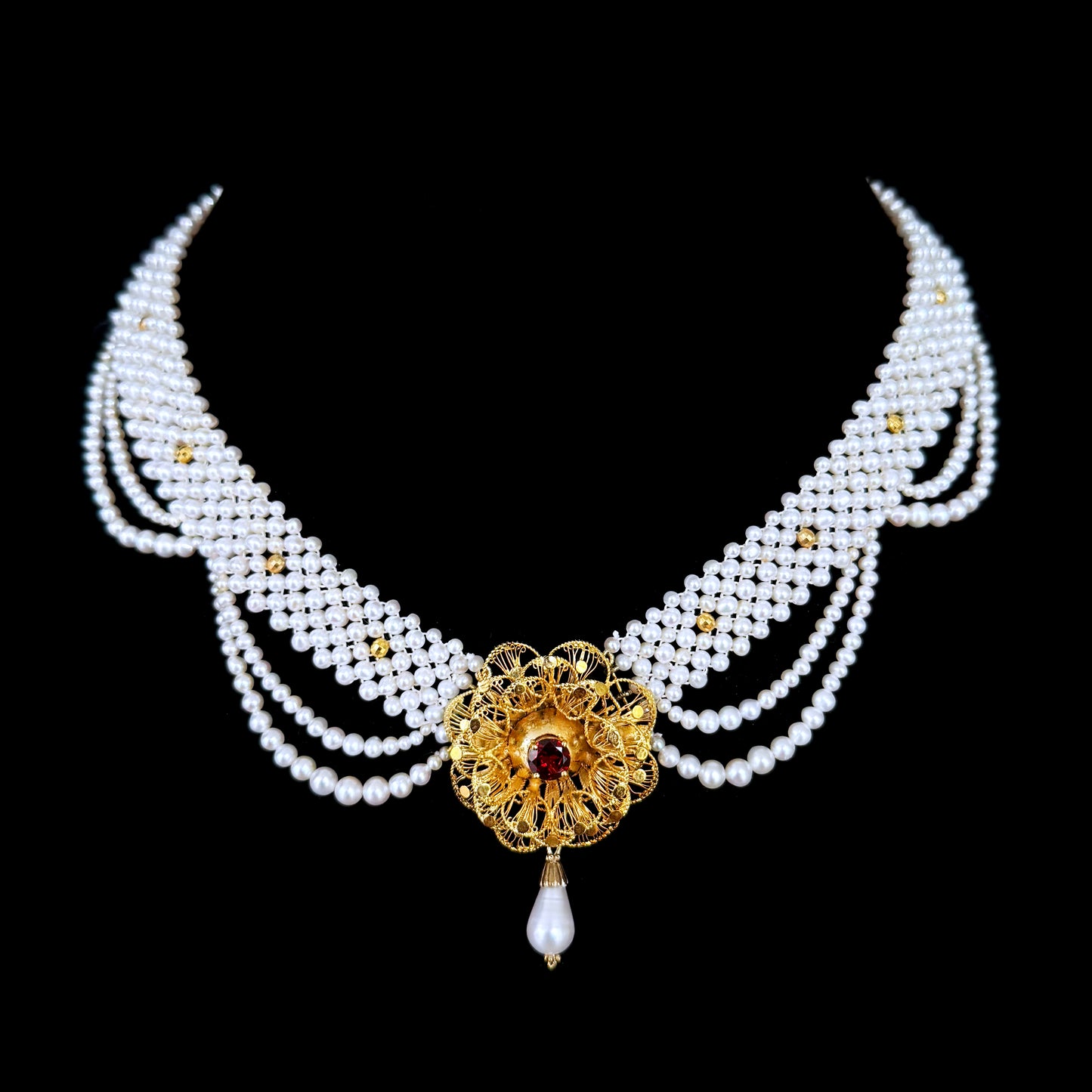 Woven Pearl Necklace With Gold Plated Vintage Garnet Brooch