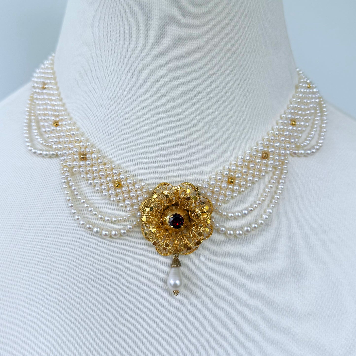 Woven Pearl Necklace With Gold Plated Vintage Garnet Brooch