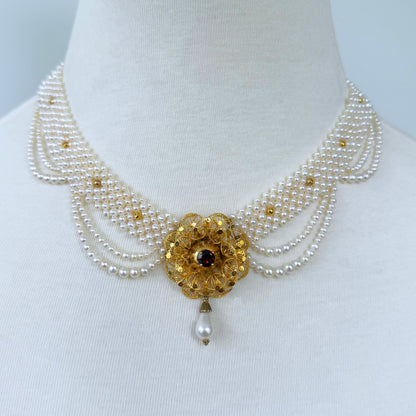 Woven Pearl Necklace With Gold Plated Vintage Garnet Brooch